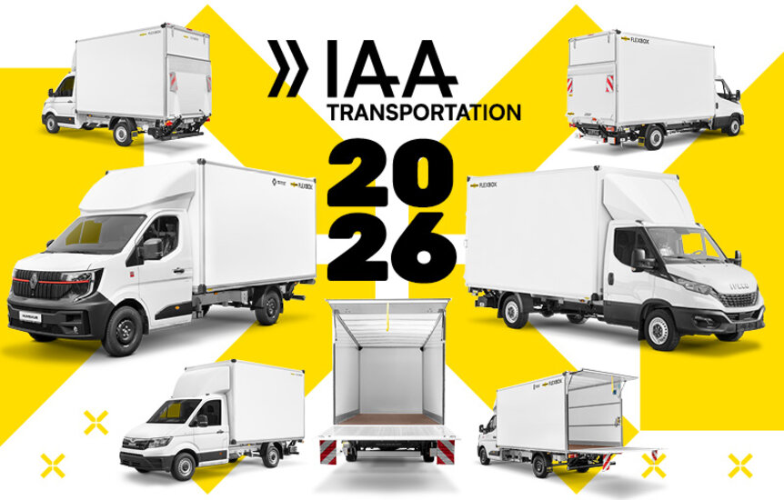 Sieben Humbaur Fahrzeugaufbauten auf gelb-weißem Hintergrund als Ankündigung zur IAA Transportation 2026 | © Humbaur GmbH