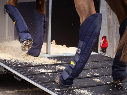 Pferd mit Transportgamaschen läuft in einen eingestreuten Pferdeanhänger | © Humbaur GmbH